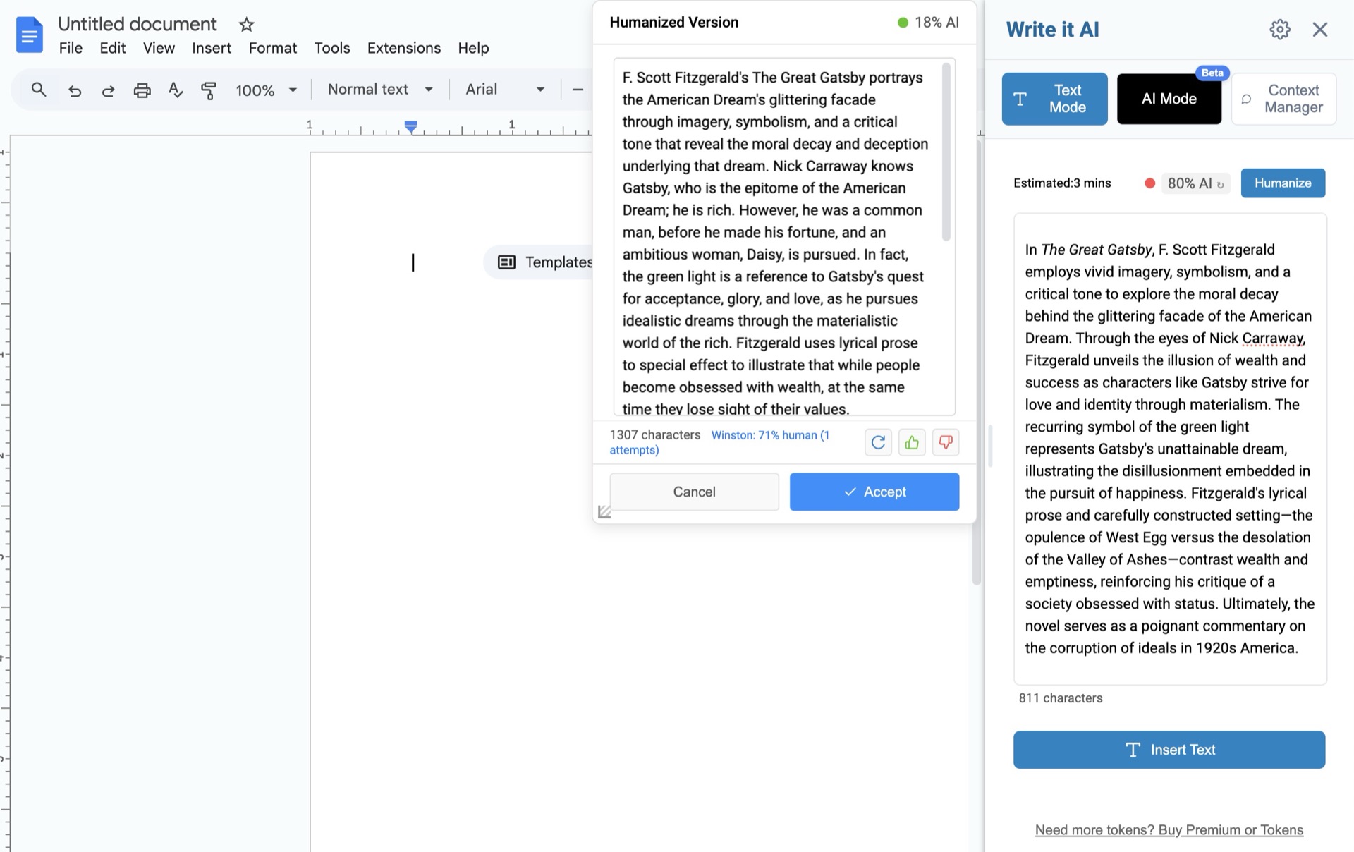 The Write It humanizer rewriting a passage inside Google Docs